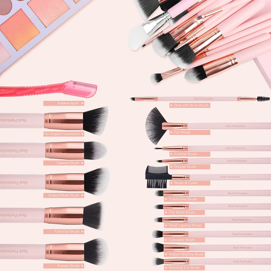 Real Perfection Makeup Brush Set 16 Pcs with 1 Eyebrow Razor Premium Synthetic Foundation Powder Concealers Eyeshadow Blush Makeup Brushes Make up Brushes Kit (Pink)-Real Perfection Makeup Brush Set 16 Pcs with 1 Eyebrow Razor Premium Synthetic Foundation Powder Concealers Eyeshadow Blush Makeup Brushes Make up Brushes Kit (Pink)