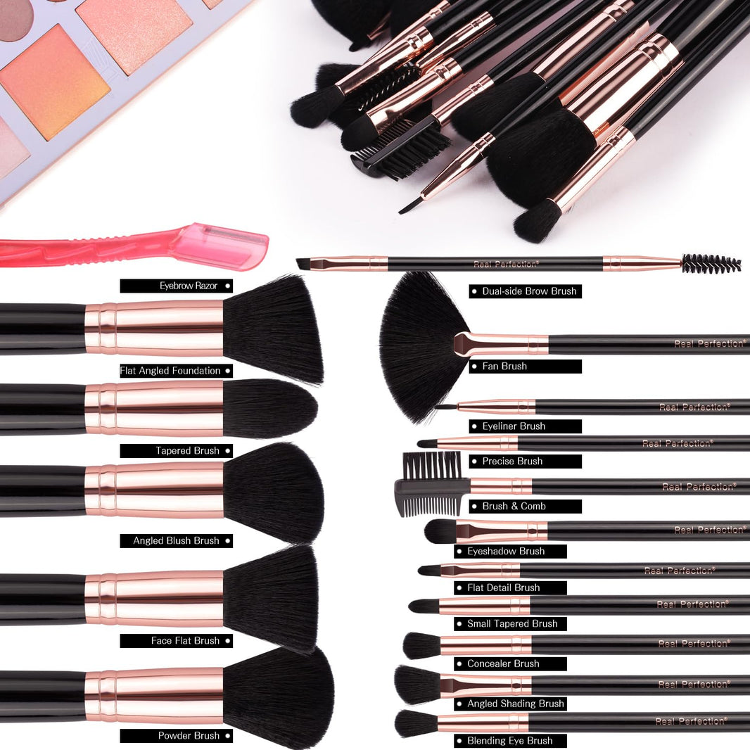 Real Perfection Makeup Brush Set 16 Pcs with 1 Eyebrow Razor Premium Synthetic Foundation Powder Concealers Eyeshadow Blush Makeup Brushes Make up Brushes Kit (Pink)-Real Perfection Makeup Brush Set 16 Pcs with 1 Eyebrow Razor Premium Synthetic Foundation Powder Concealers Eyeshadow Blush Makeup Brushes Make up Brushes Kit (Pink)