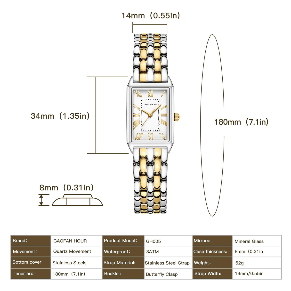 Gold Watches for Women with Vintage Rectangular Case,White Roman Dial,Stainless Steel Band,Adjustment Tool Included,Water Resistant-Gold Watches for Women with Vintage Rectangular Case,White Roman Dial,Stainless Steel Band,Adjustment Tool Included,Water Resistant