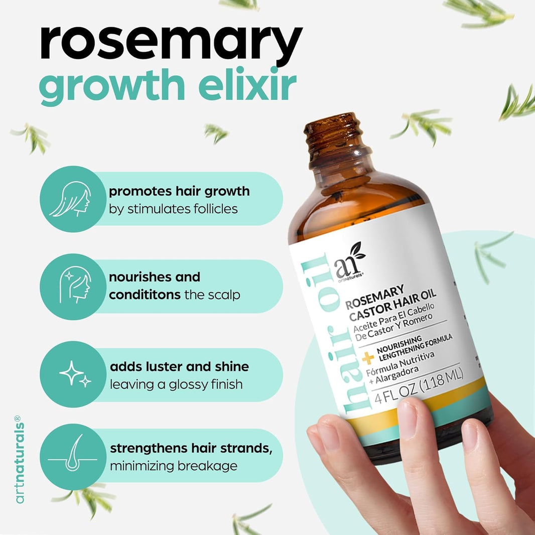 ArtNaturals Organic Rosemary Castor Hair Growth Tonic Oil + Massager Hair Regrowth Set, 4 oz with Coconut & Olive Oil, Scalp Treatment for Dry, Damaged & Split Ends-ArtNaturals Organic Rosemary Castor Hair Growth Tonic Oil + Massager Hair Regrowth Set, 4 oz with Coconut & Olive Oil, Scalp Treatment for Dry, Damaged & Split Ends