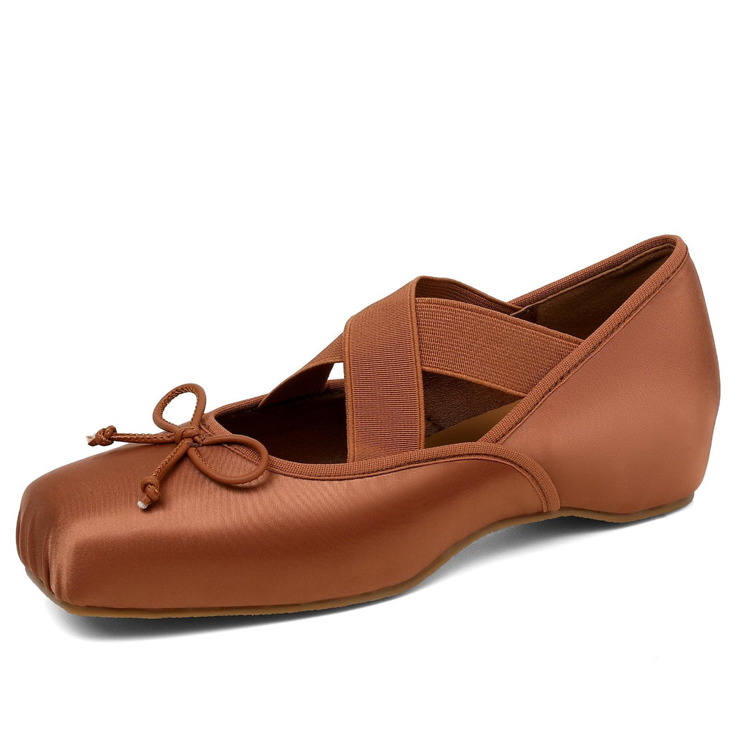 Women's Ballet Flats Square Toe Criss Cross Straps with Bow Low Wedge Shoes-Women's Ballet Flats Square Toe Criss Cross Straps with Bow Low Wedge Shoes