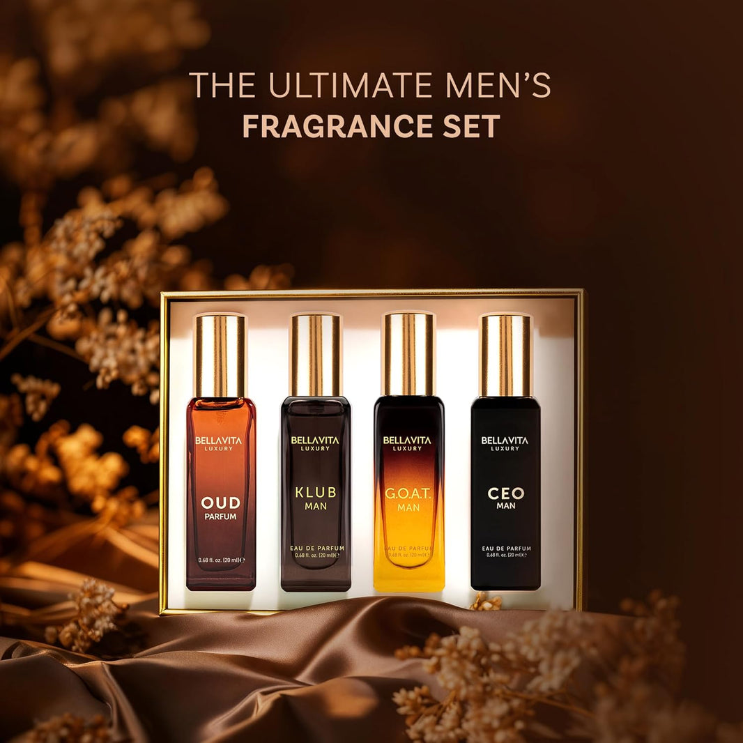 BellaVita Luxury Men's Perfume Gift Set with CEO Man, G.O.A.T., KLUB & OUD | 4 x 20ml (80ml) | Long Lasting Perfume for Men | Citrus, Woody, Patchouli & Caramel Notes | Gift for Father's Day-BellaVita Luxury Men's Perfume Gift Set with CEO Man, G.O.A.T., KLUB & OUD | 4 x 20ml (80ml) | Long Lasting Perfume for Men | Citrus, Woody, Patchouli & Caramel Notes | Gift for Father's Day
