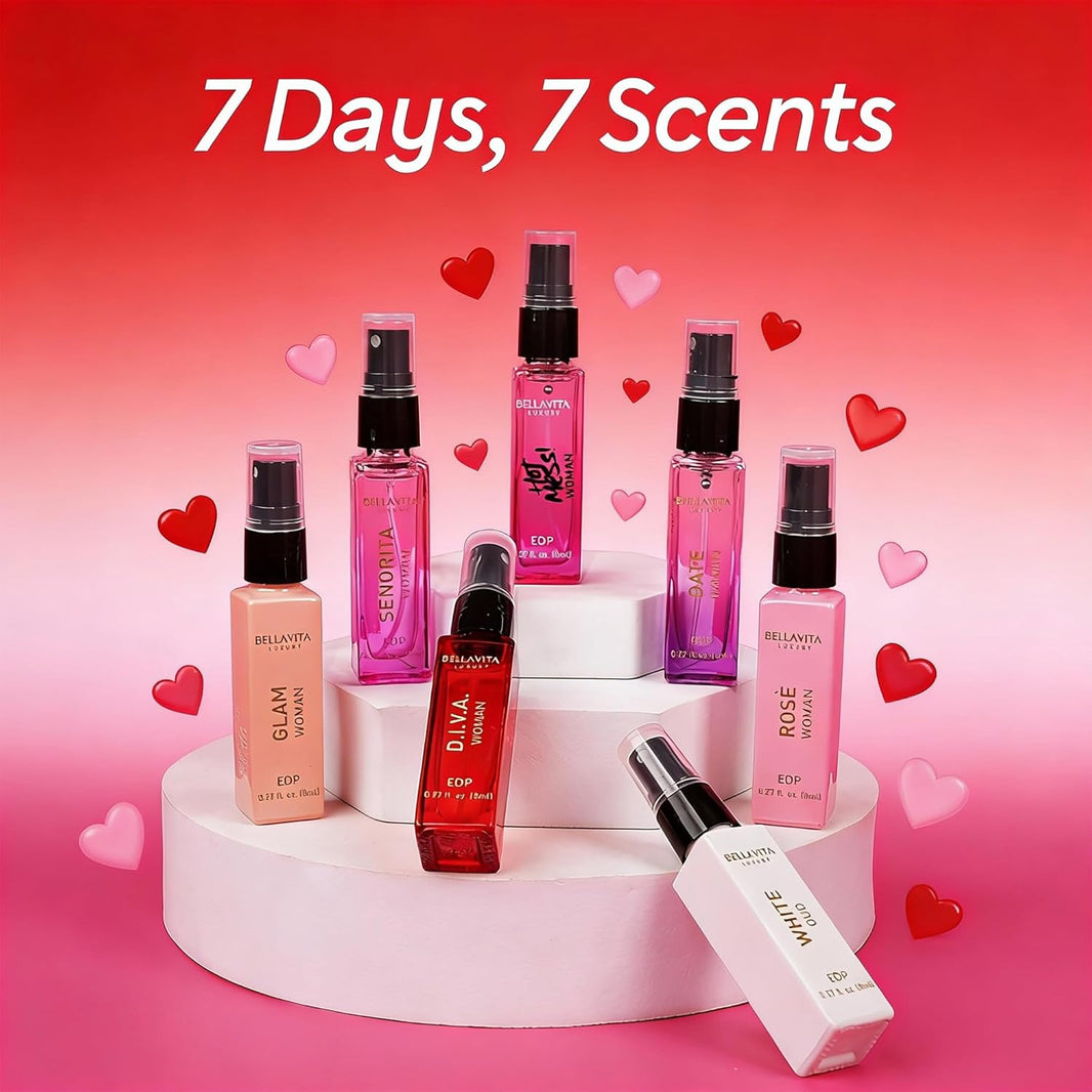 Bellavita Luxury Women's Perfume Discovery Gift Set with Date, Glam, Diva, Rose, Hot Mess, White Oud, and Senorita | 7 X 8ml | Floral, Fresh, Fruity Scent Profile | Mother's Day Present-Bellavita Luxury Women's Perfume Discovery Gift Set with Date, Glam, Diva, Rose, Hot Mess, White Oud, and Senorita | 7 X 8ml | Floral, Fresh, Fruity Scent Profile | Mother's Day Present