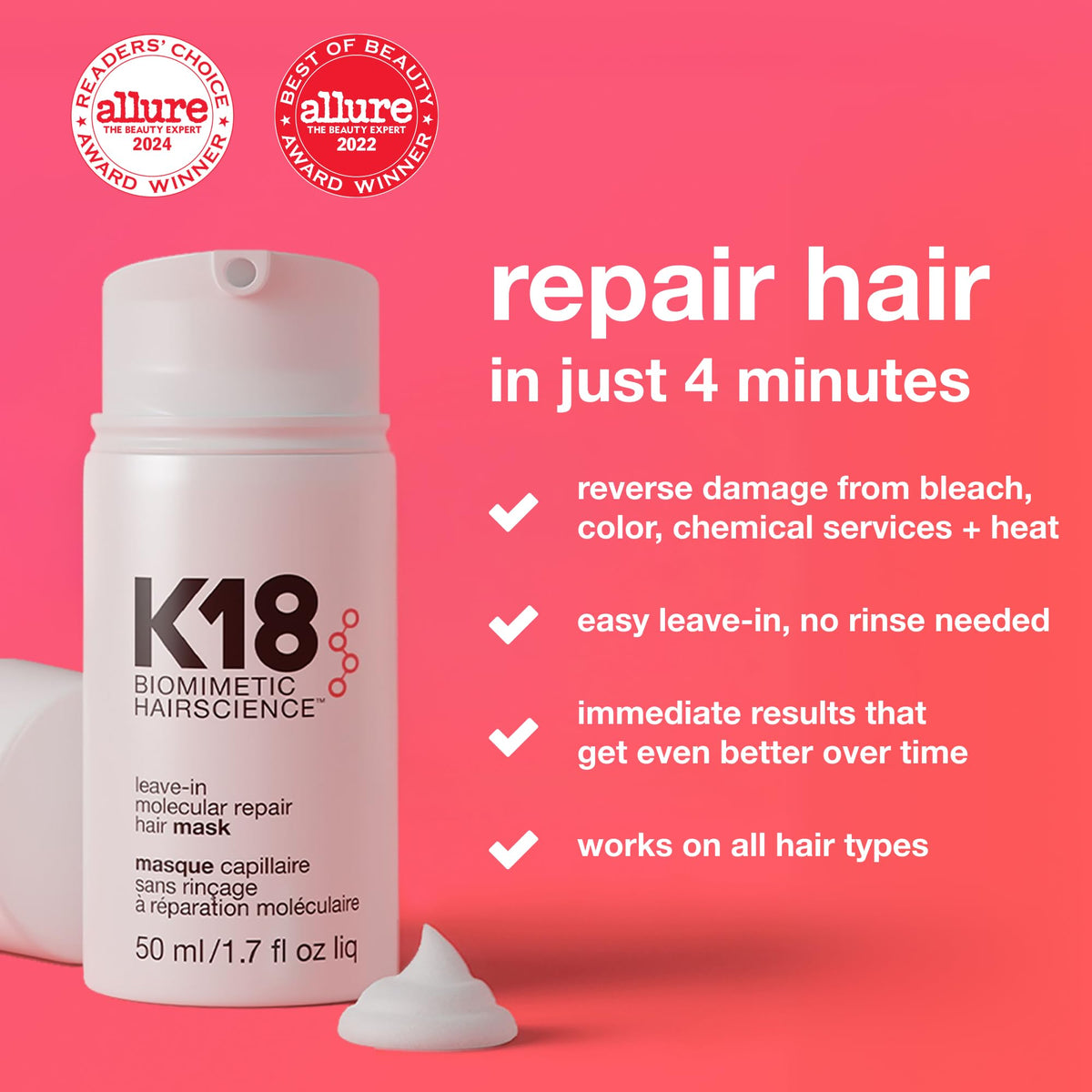 K18 Leave-In Molecular Repair Hair Mask, Patented, Lasting Repair For Dry, Frizzy, Damaged Hair, Reverse Damage In 4 Minutes From Bleach, Color, Chemical Services + Heat-K18 Leave-In Molecular Repair Hair Mask, Patented, Lasting Repair For Dry, Frizzy, Damaged Hair, Reverse Damage In 4 Minutes From Bleach, Color, Chemical Services + Heat