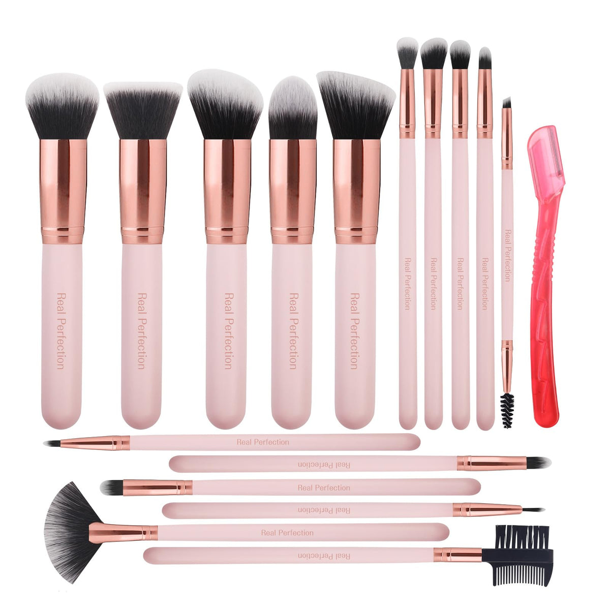 Real Perfection Makeup Brush Set 16 Pcs with 1 Eyebrow Razor Premium Synthetic Foundation Powder Concealers Eyeshadow Blush Makeup Brushes Make up Brushes Kit (Pink)-Real Perfection Makeup Brush Set 16 Pcs with 1 Eyebrow Razor Premium Synthetic Foundation Powder Concealers Eyeshadow Blush Makeup Brushes Make up Brushes Kit (Pink)