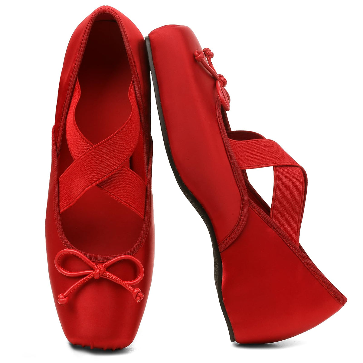Women's Ballet Flats Square Toe Criss Cross Straps with Bow Low Wedge Shoes-Women's Ballet Flats Square Toe Criss Cross Straps with Bow Low Wedge Shoes