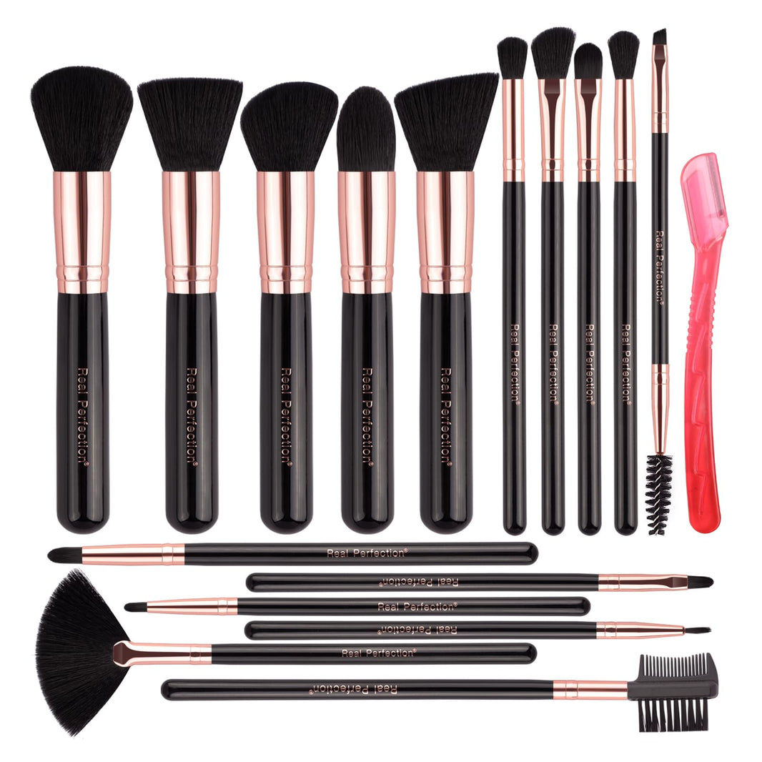 Real Perfection Makeup Brush Set 16 Pcs with 1 Eyebrow Razor Premium Synthetic Foundation Powder Concealers Eyeshadow Blush Makeup Brushes Make up Brushes Kit (Pink)-Real Perfection Makeup Brush Set 16 Pcs with 1 Eyebrow Razor Premium Synthetic Foundation Powder Concealers Eyeshadow Blush Makeup Brushes Make up Brushes Kit (Pink)