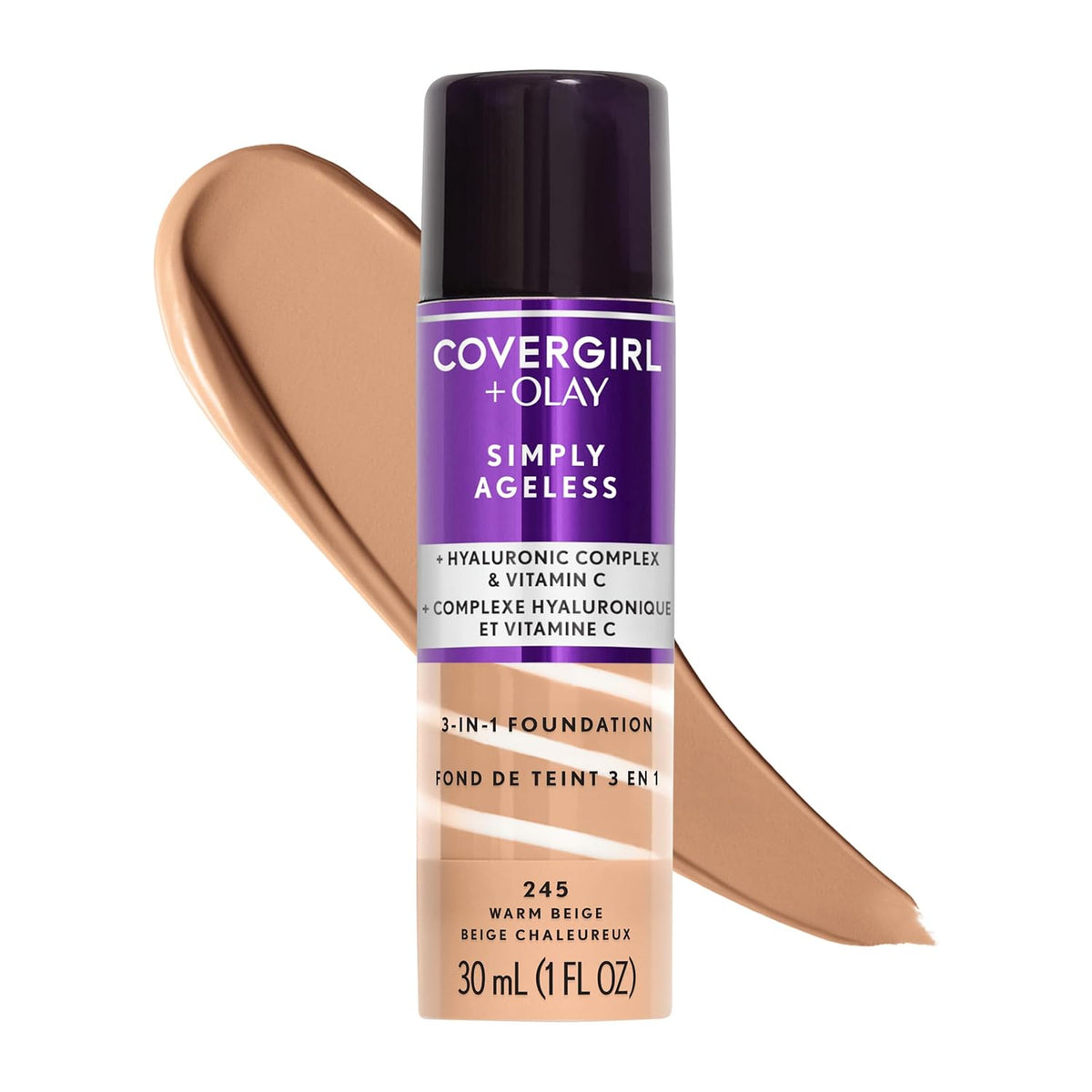 COVERGIRL & Olay Simply Ageless 3-in-1 Liquid Foundation, Matte Finish, Hyaluronic & Vitamin C Formula, 225 Buff Beige, 1 Count-COVERGIRL & Olay Simply Ageless 3-in-1 Liquid Foundation, Matte Finish, Hyaluronic & Vitamin C Formula, 225 Buff Beige, 1 Count