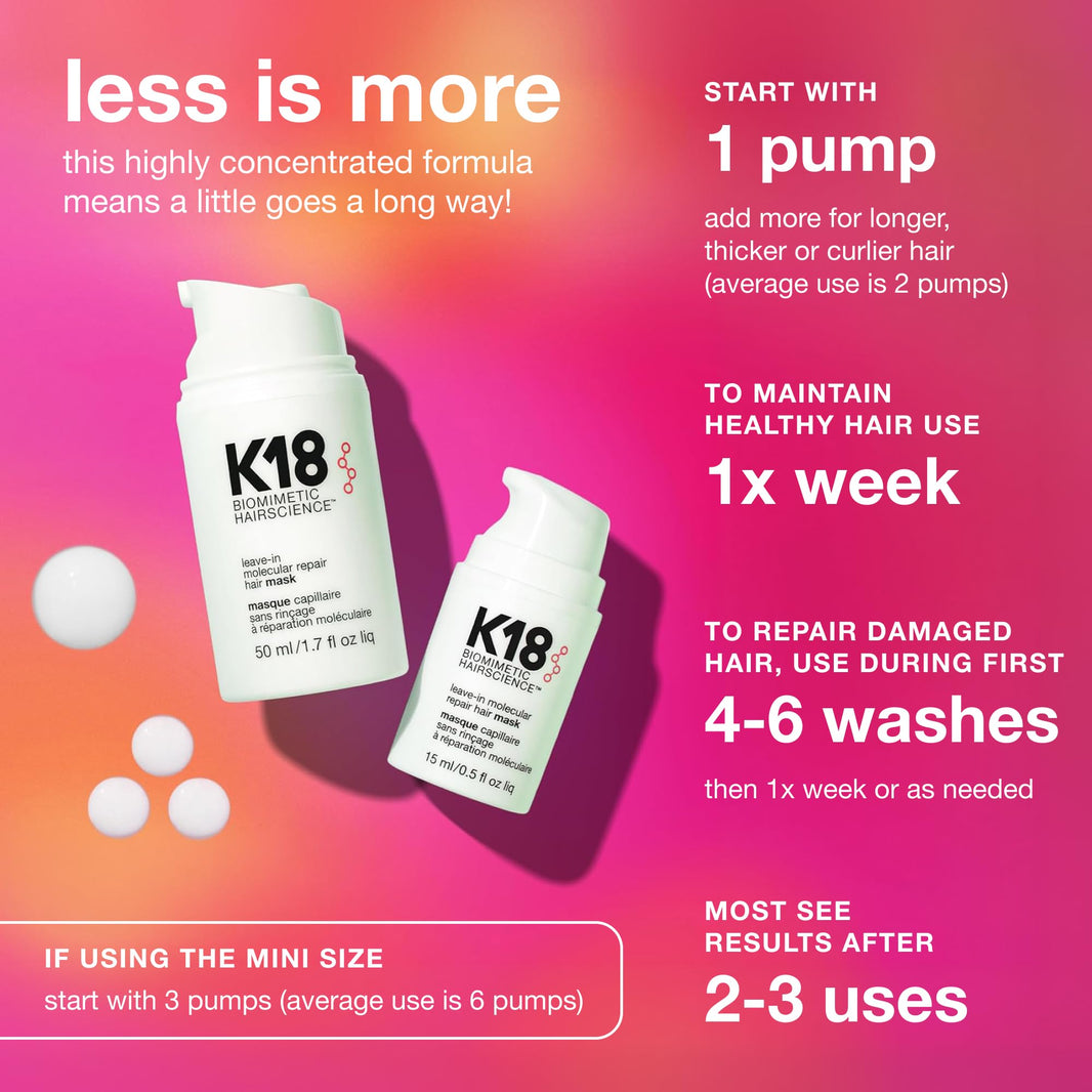 K18 Leave-In Molecular Repair Hair Mask, Patented, Lasting Repair For Dry, Frizzy, Damaged Hair, Reverse Damage In 4 Minutes From Bleach, Color, Chemical Services + Heat-K18 Leave-In Molecular Repair Hair Mask, Patented, Lasting Repair For Dry, Frizzy, Damaged Hair, Reverse Damage In 4 Minutes From Bleach, Color, Chemical Services + Heat