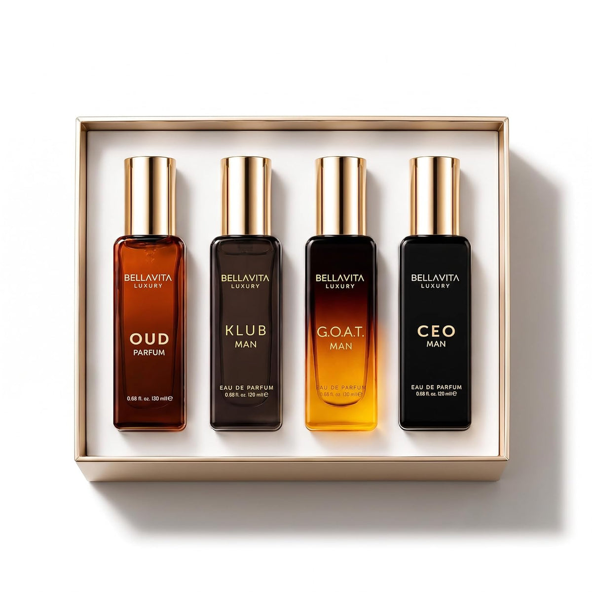 BellaVita Luxury Men's Perfume Gift Set with CEO Man, G.O.A.T., KLUB & OUD | 4 x 20ml (80ml) | Long Lasting Perfume for Men | Citrus, Woody, Patchouli & Caramel Notes | Gift for Father's Day-BellaVita Luxury Men's Perfume Gift Set with CEO Man, G.O.A.T., KLUB & OUD | 4 x 20ml (80ml) | Long Lasting Perfume for Men | Citrus, Woody, Patchouli & Caramel Notes | Gift for Father's Day