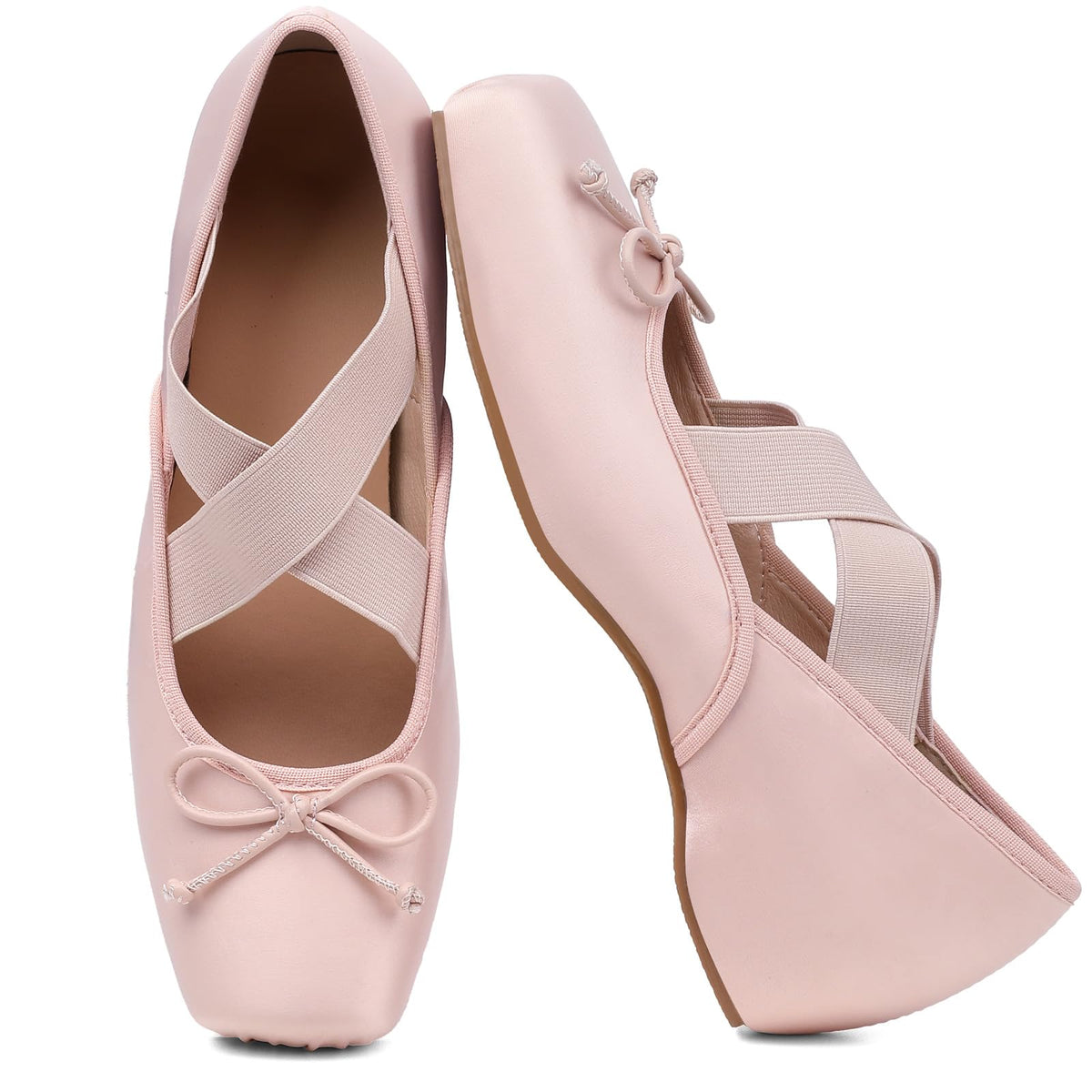 Women's Ballet Flats Square Toe Criss Cross Straps with Bow Low Wedge Shoes-Women's Ballet Flats Square Toe Criss Cross Straps with Bow Low Wedge Shoes