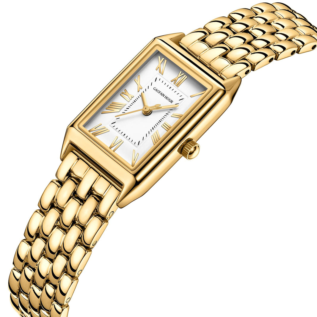 Gold Watches for Women with Vintage Rectangular Case,White Roman Dial,Stainless Steel Band,Adjustment Tool Included,Water Resistant-Gold Watches for Women with Vintage Rectangular Case,White Roman Dial,Stainless Steel Band,Adjustment Tool Included,Water Resistant