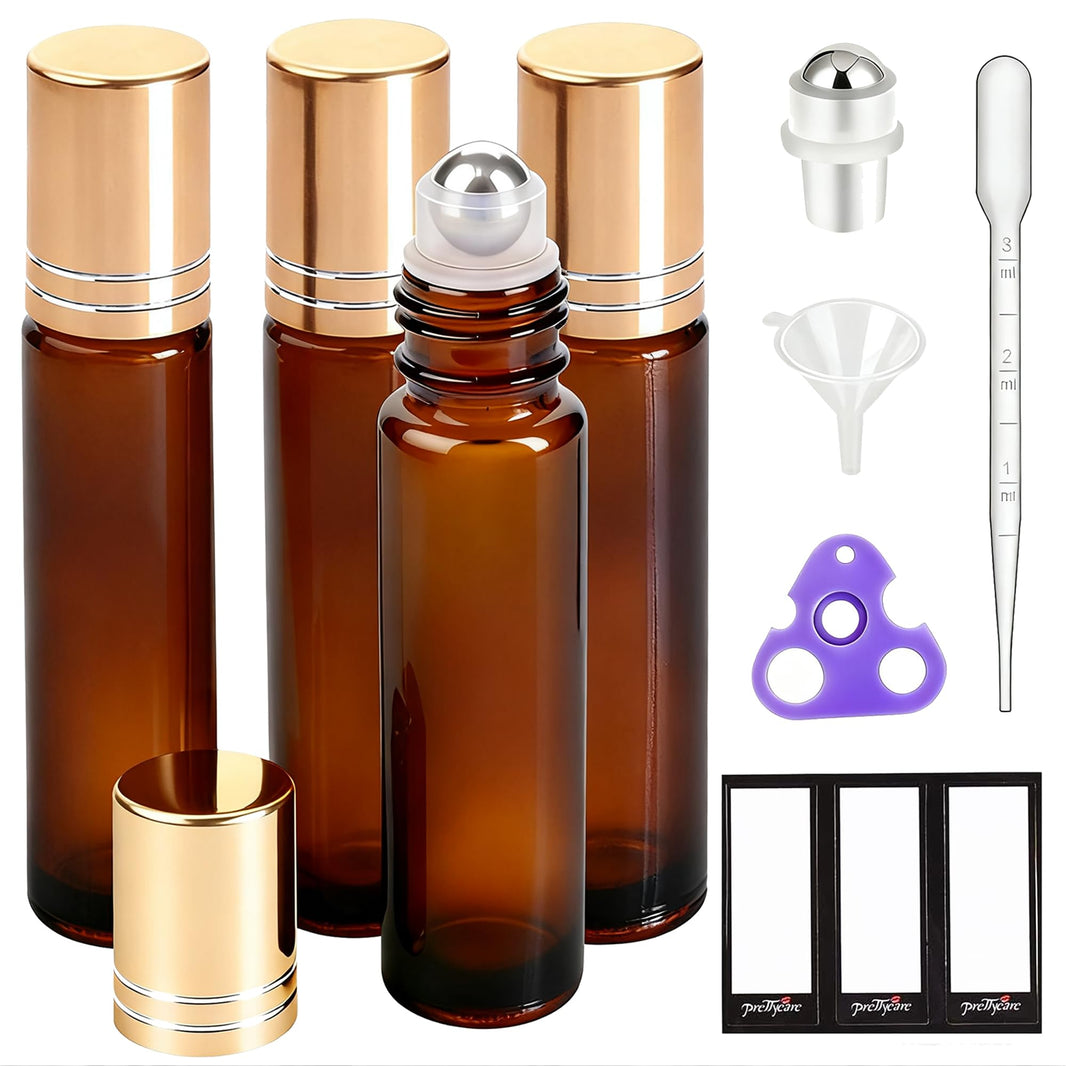PrettyCare 4 Pack Amber Glass Oil Roller Bottles for Essential Oils 10ml, Roll On Bottles with Stainless Steel Roller Ball Leak-Proof Perfume Travel Refillable Bottle Empty, Beauty & Personal Care-PrettyCare 4 Pack Amber Glass Oil Roller Bottles for Essential Oils 10ml, Roll On Bottles with Stainless Steel Roller Ball Leak-Proof Perfume Travel Refillable Bottle Empty, Beauty & Personal Care