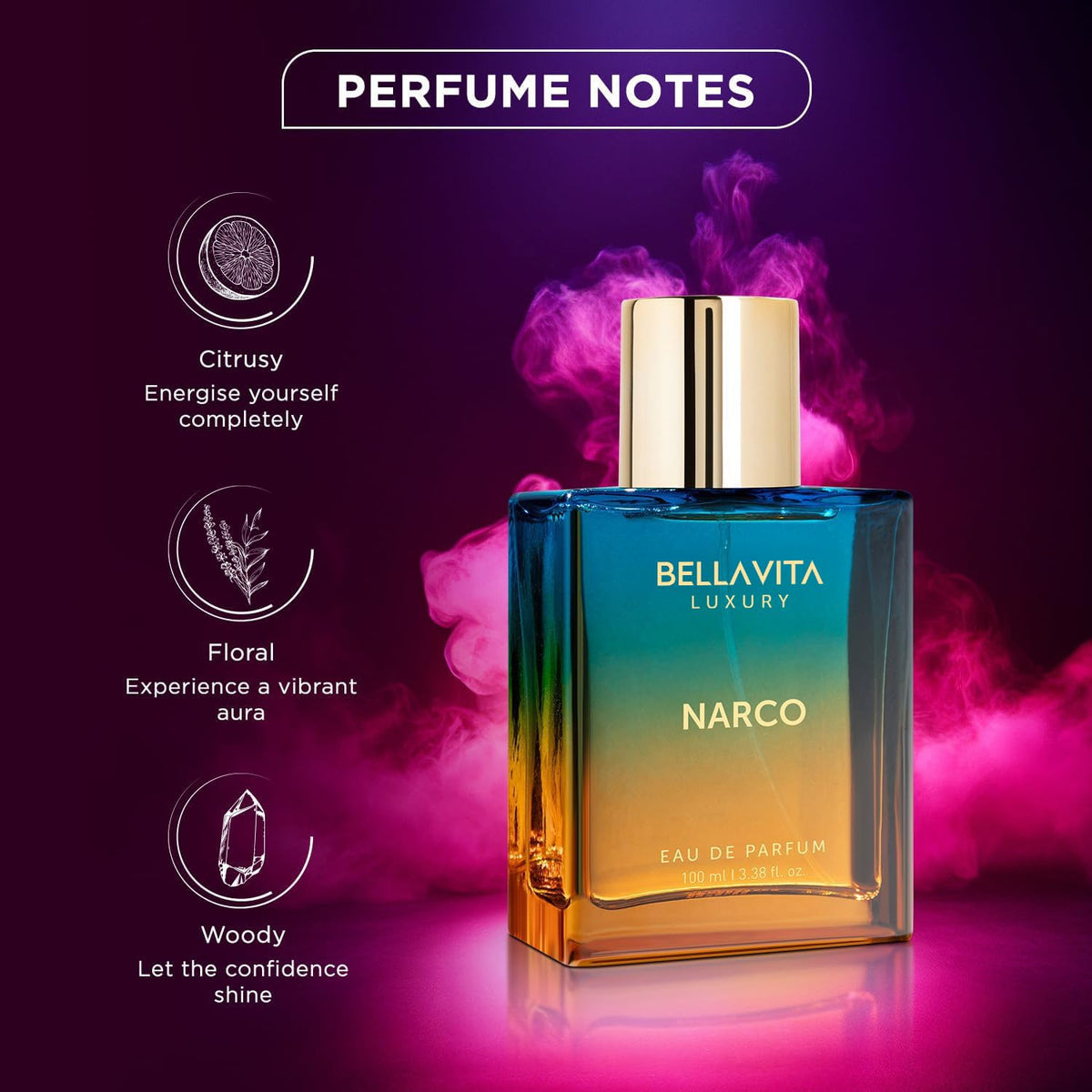 Bellavita Luxury Narco Eau de Parfum | 100 ml (3.4 fl.oz.) | Perfume for Men and Women | Floral, Bergamot, Jasmine, and White Musk Notes | Long Lasting Unisex Fragrance-Bellavita Luxury Narco Eau de Parfum | 100 ml (3.4 fl.oz.) | Perfume for Men and Women | Floral, Bergamot, Jasmine, and White Musk Notes | Long Lasting Unisex Fragrance