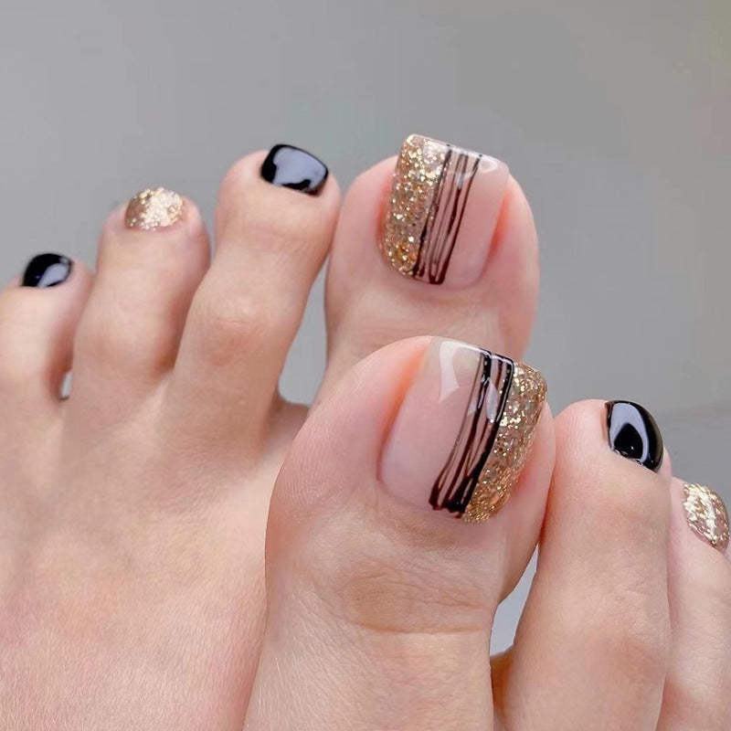 Women's Fashion Black Line Gold Powder Wear Manicure Nails-cb53d9229b318958ef6fff03cd040376