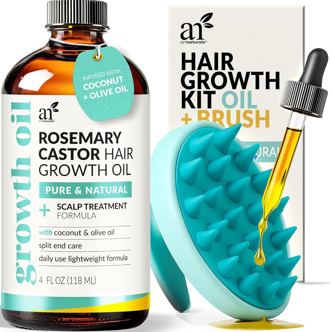 ArtNaturals Organic Rosemary Castor Hair Growth Tonic Oil + Massager Hair Regrowth Set, 4 oz with Coconut & Olive Oil, Scalp Treatment for Dry, Damaged & Split Ends-ArtNaturals Organic Rosemary Castor Hair Growth Tonic Oil + Massager Hair Regrowth Set, 4 oz with Coconut & Olive Oil, Scalp Treatment for Dry, Damaged & Split Ends