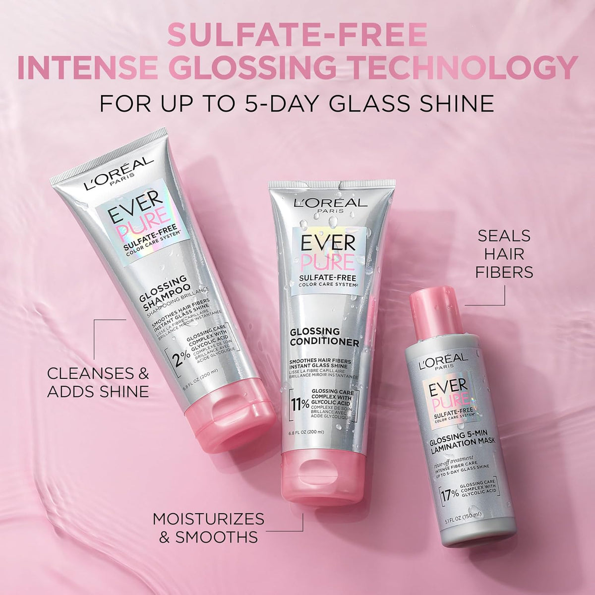 L'Oreal Paris Sulfate Free Glossing Lamination Hair Mask, 5-Minute Rinse-Off Hair Treatment with Glycolic Acid for Glass Shine, Smoothness & Soft Feel, Color Caring, EverPure, 5.1 Fl Oz-L'Oreal Paris Sulfate Free Glossing Lamination Hair Mask, 5-Minute Rinse-Off Hair Treatment with Glycolic Acid for Glass Shine, Smoothness & Soft Feel, Color Caring, EverPure, 5.1 Fl Oz
