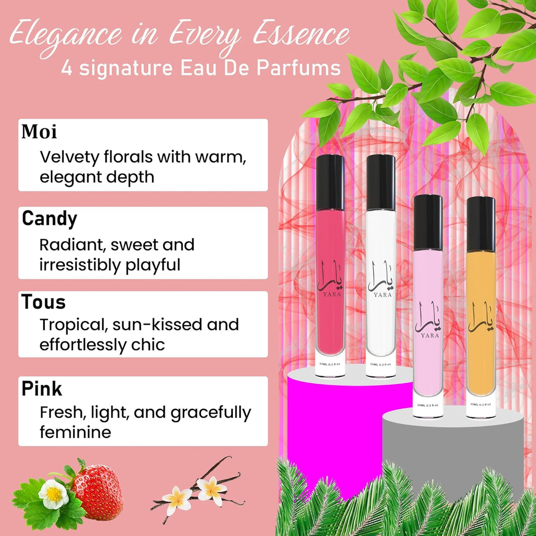 Equivalence Yara's 4 Pieces Set Eau De Parfum Spray for Women edition travel Size BUNDLE 0.34 Ounce Moi +Tous + Candy +Pink, LARGE BOTTLES NOT INCLUDED It is only a reference-Equivalence Yara's 4 Pieces Set Eau De Parfum Spray for Women edition travel Size BUNDLE 0.34 Ounce Moi +Tous + Candy +Pink, LARGE BOTTLES NOT INCLUDED It is only a reference