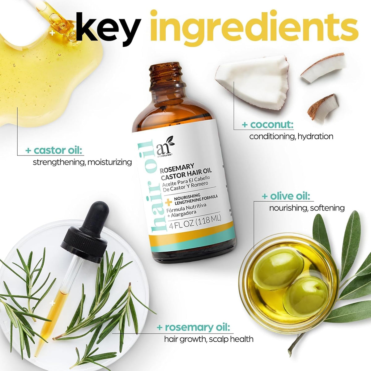 ArtNaturals Organic Rosemary Castor Hair Growth Tonic Oil + Massager Hair Regrowth Set, 4 oz with Coconut & Olive Oil, Scalp Treatment for Dry, Damaged & Split Ends-ArtNaturals Organic Rosemary Castor Hair Growth Tonic Oil + Massager Hair Regrowth Set, 4 oz with Coconut & Olive Oil, Scalp Treatment for Dry, Damaged & Split Ends
