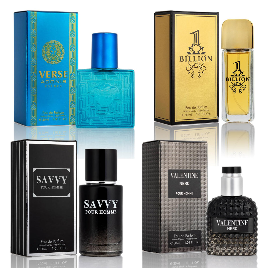 Signature Scent 4-Piece Mini Fragrance Set for Men Includes Savvy/1 Billion/Verse/Valentine Collection of Woody, Spicy, Citrus & Aromatic Fragrance Non-Irritating Ingredient Each One in 30ml Bottle-Signature Scent 4-Piece Mini Fragrance Set for Men Includes Savvy/1 Billion/Verse/Valentine Collection of Woody, Spicy, Citrus & Aromatic Fragrance Non-Irritating Ingredient Each One in 30ml Bottle