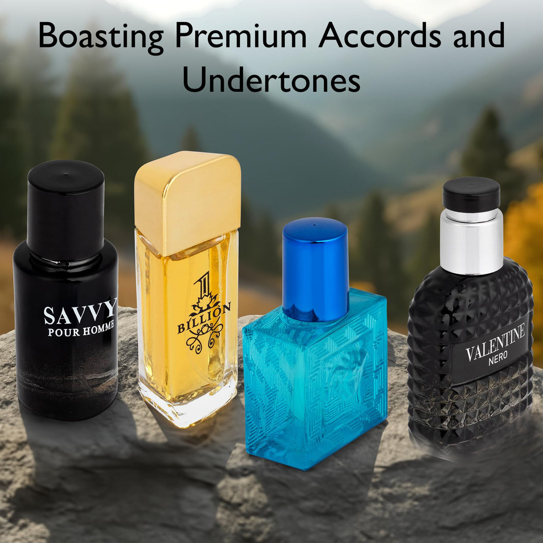 Signature Scent 4-Piece Mini Fragrance Set for Men Includes Savvy/1 Billion/Verse/Valentine Collection of Woody, Spicy, Citrus & Aromatic Fragrance Non-Irritating Ingredient Each One in 30ml Bottle-Signature Scent 4-Piece Mini Fragrance Set for Men Includes Savvy/1 Billion/Verse/Valentine Collection of Woody, Spicy, Citrus & Aromatic Fragrance Non-Irritating Ingredient Each One in 30ml Bottle