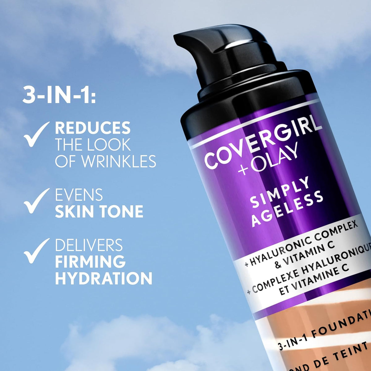 COVERGIRL & Olay Simply Ageless 3-in-1 Liquid Foundation, Matte Finish, Hyaluronic & Vitamin C Formula, 225 Buff Beige, 1 Count-COVERGIRL & Olay Simply Ageless 3-in-1 Liquid Foundation, Matte Finish, Hyaluronic & Vitamin C Formula, 225 Buff Beige, 1 Count