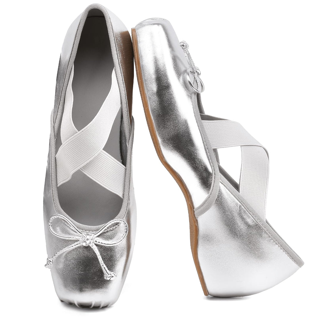 Women's Ballet Flats Square Toe Criss Cross Straps with Bow Low Wedge Shoes-Women's Ballet Flats Square Toe Criss Cross Straps with Bow Low Wedge Shoes