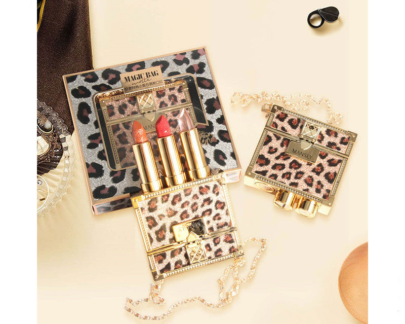 Fashion Small Sachet Mousse Lipstick Leopard Print Chain With Small Round Mirror Set-70b87b571b462ac9d0459e670369d3ac