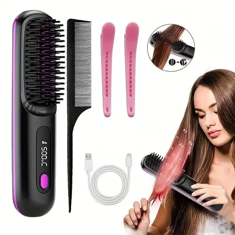 Portable Wireless Hair Straightener Comb – USB Rechargeable, 3-Speed, Negative Ion-Portable Wireless Hair Straightener Comb – USB Rechargeable, 3-Speed, Negative Ion