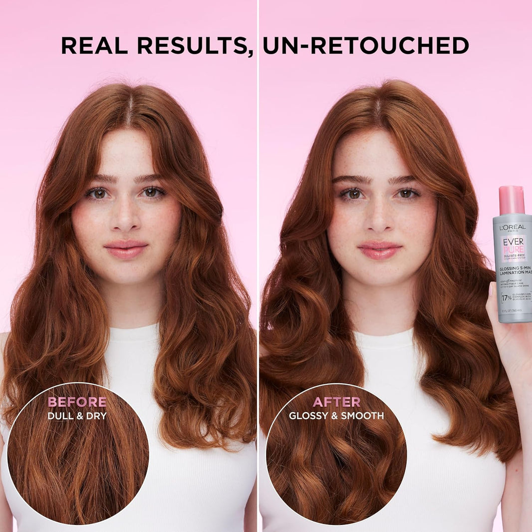 L'Oreal Paris Sulfate Free Glossing Lamination Hair Mask, 5-Minute Rinse-Off Hair Treatment with Glycolic Acid for Glass Shine, Smoothness & Soft Feel, Color Caring, EverPure, 5.1 Fl Oz-L'Oreal Paris Sulfate Free Glossing Lamination Hair Mask, 5-Minute Rinse-Off Hair Treatment with Glycolic Acid for Glass Shine, Smoothness & Soft Feel, Color Caring, EverPure, 5.1 Fl Oz
