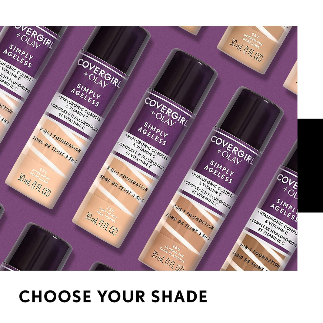 COVERGIRL & Olay Simply Ageless 3-in-1 Liquid Foundation, Matte Finish, Hyaluronic & Vitamin C Formula, 225 Buff Beige, 1 Count-COVERGIRL & Olay Simply Ageless 3-in-1 Liquid Foundation, Matte Finish, Hyaluronic & Vitamin C Formula, 225 Buff Beige, 1 Count