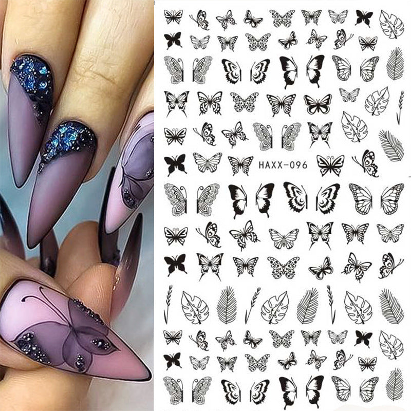 Black Butterfly Nails Stickers Decals White Flower Adhesive Manicure-73f88c572ab511ac6077f5d1cbd32437
