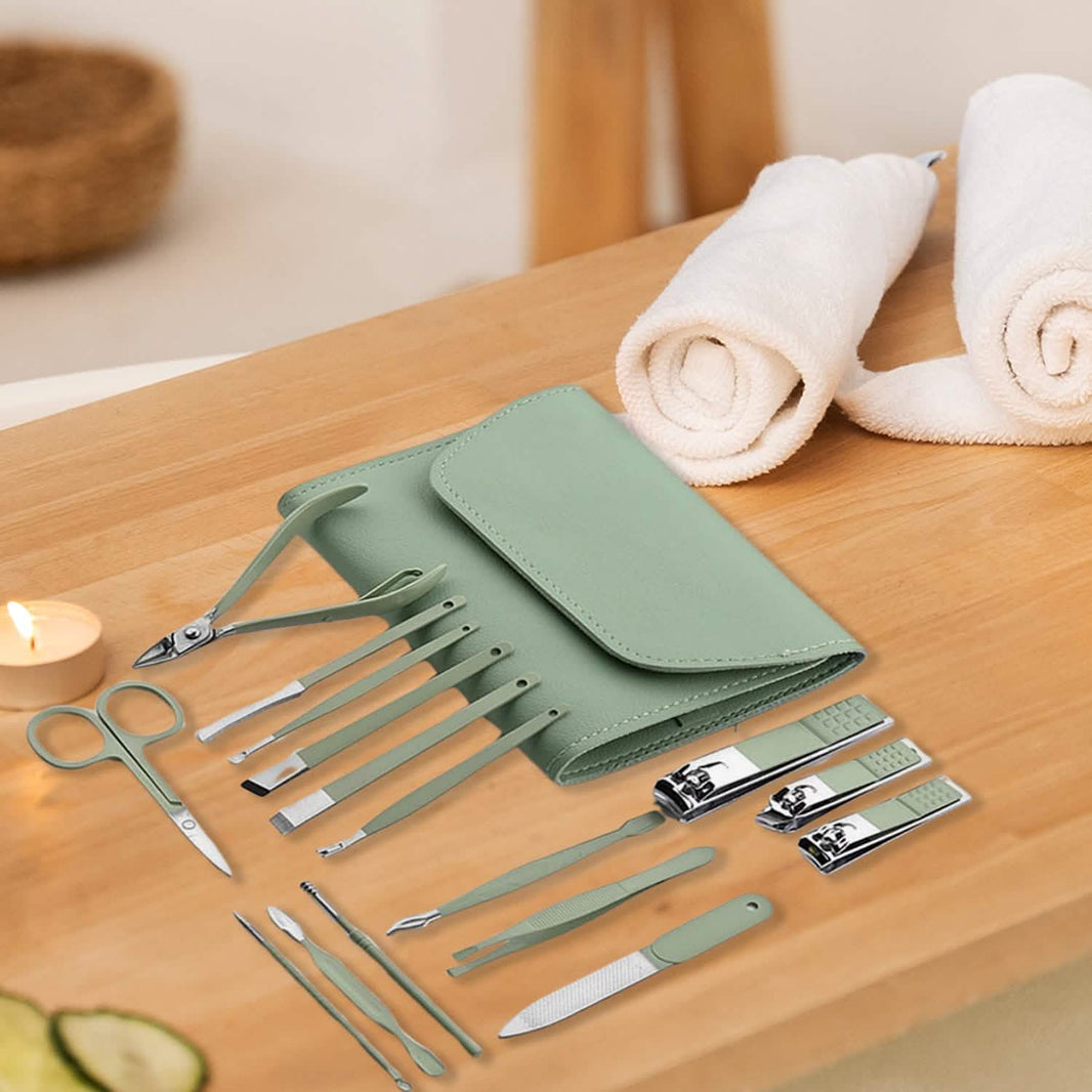 16-Piece: Stainless Steel Professional Manicure Pedicure Facial Set Grooming Kit with Leather Case-16-Piece: Stainless Steel Professional Manicure Pedicure Facial Set Grooming Kit with Leather Case