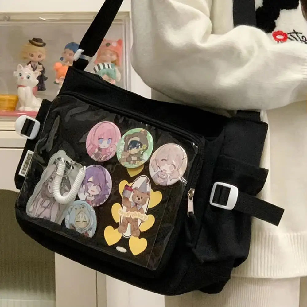 Harajuku Canvas Shoulder Bag - Vintage Y2K Style With Spacious Interior And Lightweight-Harajuku Canvas Shoulder Bag - Vintage Y2K Style With Spacious Interior And Lightweight