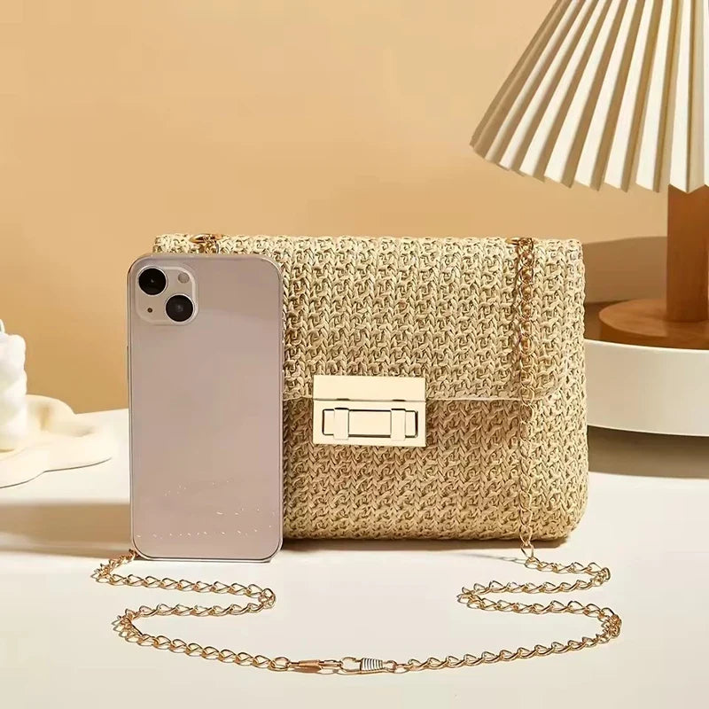 Yogodlns Knitted Straw Crossbody Bag For Women With Chain Strap Day To Night - Versatile Day To Night Use-Yogodlns Knitted Straw Crossbody Bag For Women With Chain Strap Day To Night - Versatile Day To Night Use