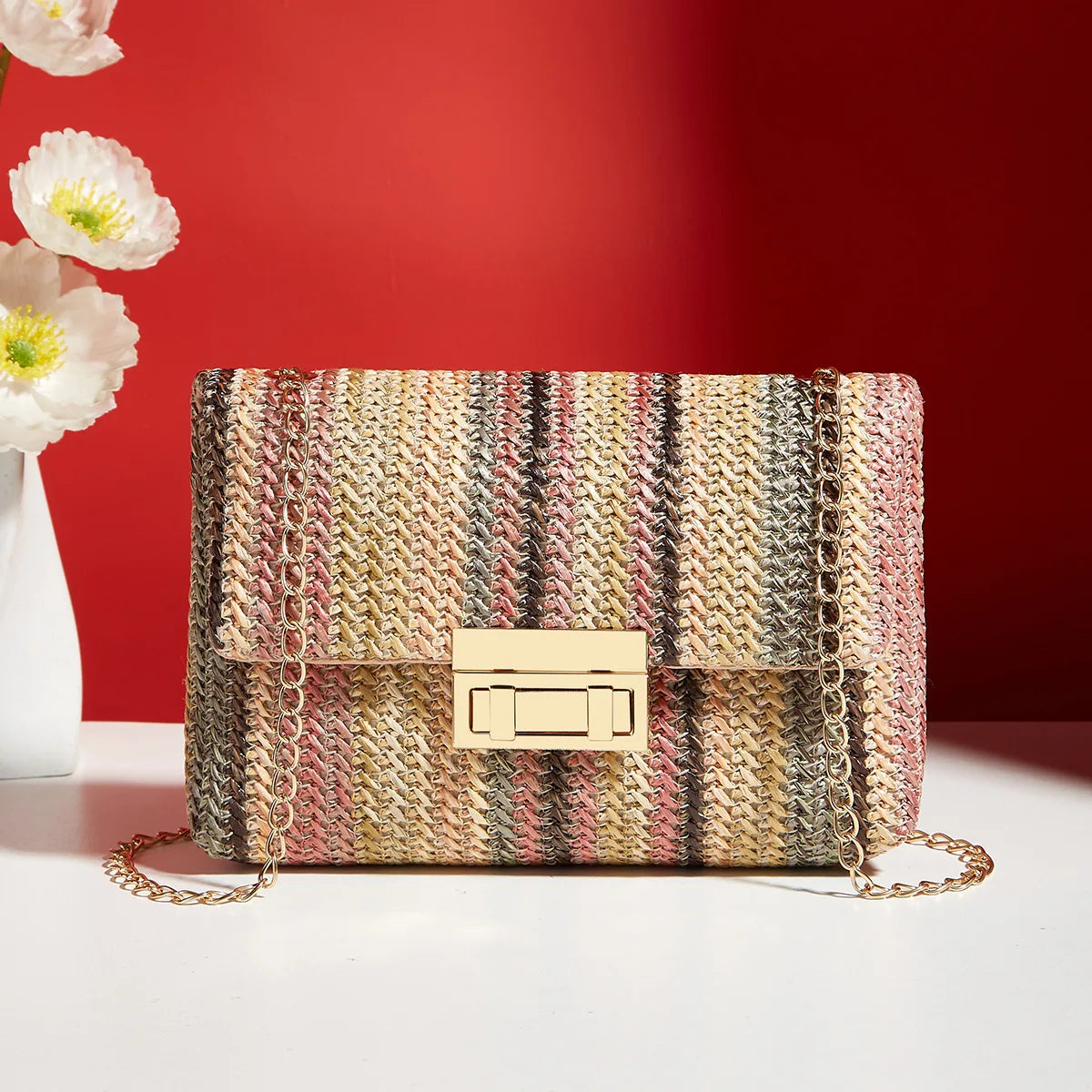 Yogodlns Knitted Straw Crossbody Bag For Women With Chain Strap Day To Night - Versatile Day To Night Use-Yogodlns Knitted Straw Crossbody Bag For Women With Chain Strap Day To Night - Versatile Day To Night Use