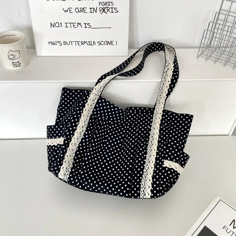 Sweet Lace Shoulder Bag Korean Style Canvas Tote With Polka Dot Pattern Large Capacity And Multi Pocket-Sweet Lace Shoulder Bag Korean Style Canvas Tote With Polka Dot Pattern Large Capacity And Multi Pocket