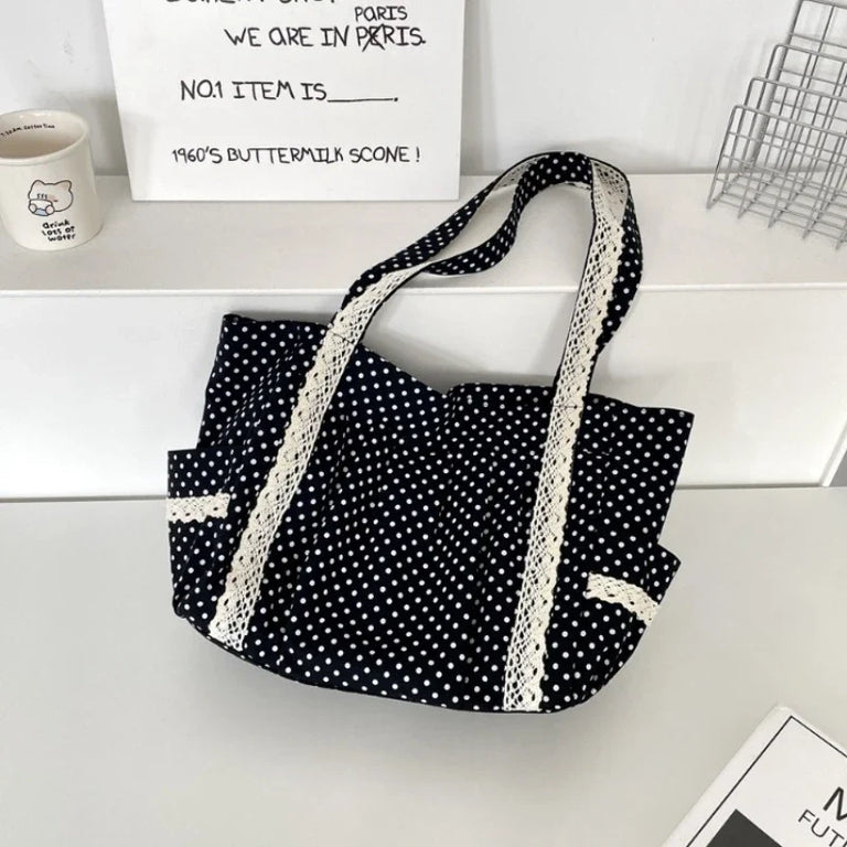 Sweet Lace Shoulder Bag Korean Style Canvas Tote With Polka Dot Pattern Large Capacity And Multi Pocket