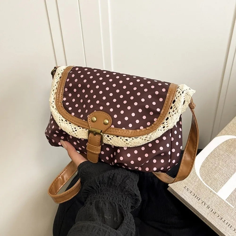 None Polka Dot Canvas Crossbody Bag - With Lace Trim For Women For Daily Casual Commute-None Polka Dot Canvas Crossbody Bag - With Lace Trim For Women For Daily Casual Commute