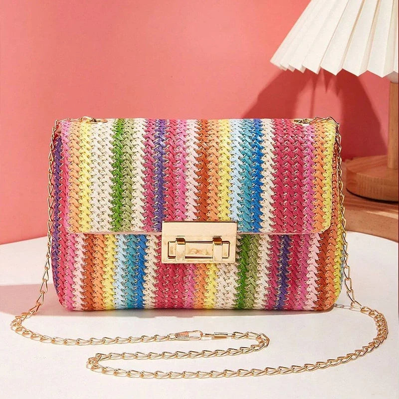 Yogodlns Knitted Straw Crossbody Bag For Women With Chain Strap Day To Night - Versatile Day To Night Use-Yogodlns Knitted Straw Crossbody Bag For Women With Chain Strap Day To Night - Versatile Day To Night Use