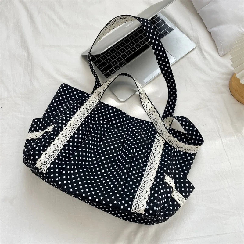 Sweet Lace Shoulder Bag Korean Style Canvas Tote With Polka Dot Pattern Large Capacity And Multi Pocket-Sweet Lace Shoulder Bag Korean Style Canvas Tote With Polka Dot Pattern Large Capacity And Multi Pocket