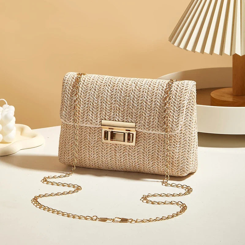 Yogodlns Knitted Straw Crossbody Bag For Women With Chain Strap Day To Night - Versatile Day To Night Use-Yogodlns Knitted Straw Crossbody Bag For Women With Chain Strap Day To Night - Versatile Day To Night Use
