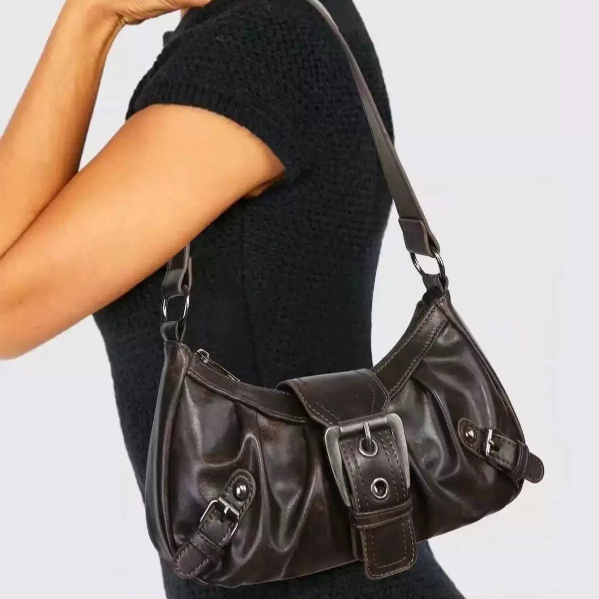 HEONYIRRY Maillard Style Retro Small Bag Spicy Girl Y2K Wasteland Vintage Leather Shoulder Armpit Bag - Zipper Closure-HEONYIRRY Maillard Style Retro Small Bag Spicy Girl Y2K Wasteland Vintage Leather Shoulder Armpit Bag - Zipper Closure