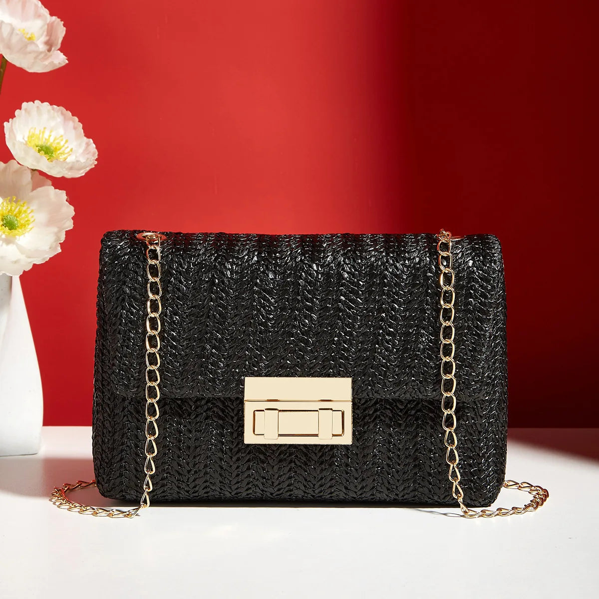 Yogodlns Knitted Straw Crossbody Bag For Women With Chain Strap Day To Night - Versatile Day To Night Use-Yogodlns Knitted Straw Crossbody Bag For Women With Chain Strap Day To Night - Versatile Day To Night Use