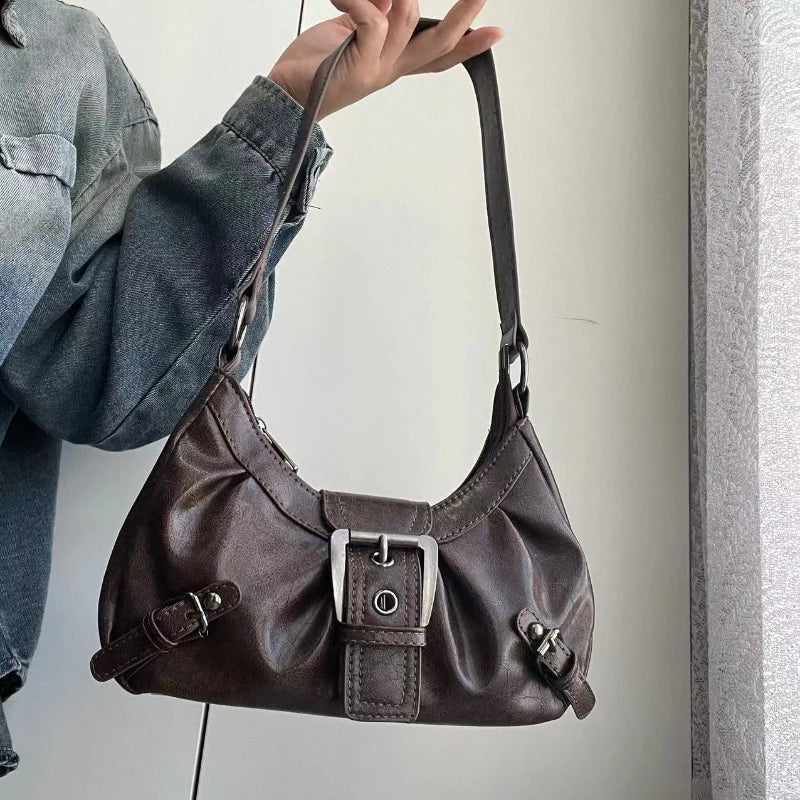 HEONYIRRY Maillard Style Retro Small Bag Spicy Girl Y2K Wasteland Vintage Leather Shoulder Armpit Bag - Zipper Closure-HEONYIRRY Maillard Style Retro Small Bag Spicy Girl Y2K Wasteland Vintage Leather Shoulder Armpit Bag - Zipper Closure
