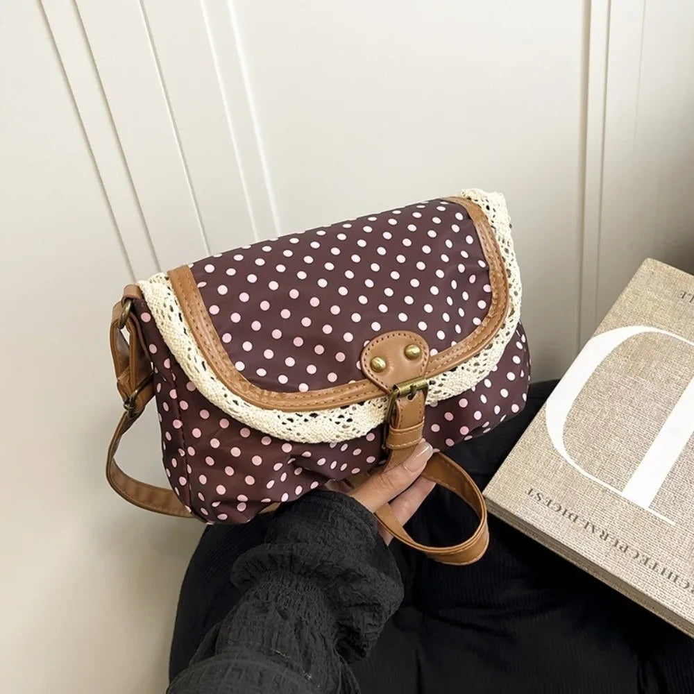 None Polka Dot Canvas Crossbody Bag - With Lace Trim For Women For Daily Casual Commute-None Polka Dot Canvas Crossbody Bag - With Lace Trim For Women For Daily Casual Commute