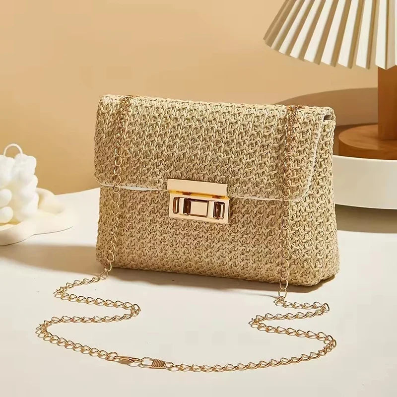 Yogodlns Knitted Straw Crossbody Bag For Women With Chain Strap Day To Night - Versatile Day To Night Use-Yogodlns Knitted Straw Crossbody Bag For Women With Chain Strap Day To Night - Versatile Day To Night Use