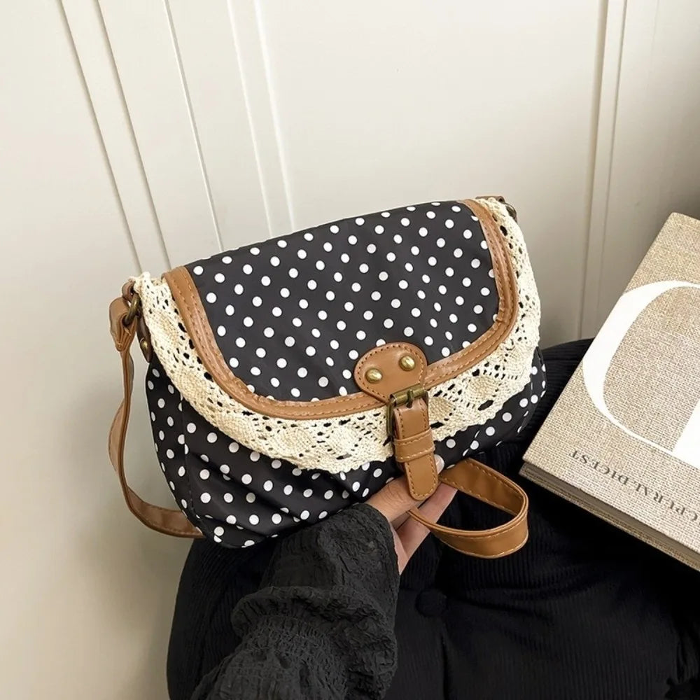 None Polka Dot Canvas Crossbody Bag - With Lace Trim For Women For Daily Casual Commute-None Polka Dot Canvas Crossbody Bag - With Lace Trim For Women For Daily Casual Commute
