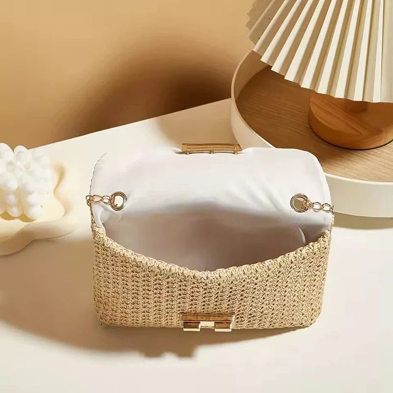 Yogodlns Knitted Straw Crossbody Bag For Women With Chain Strap Day To Night - Versatile Day To Night Use-Yogodlns Knitted Straw Crossbody Bag For Women With Chain Strap Day To Night - Versatile Day To Night Use