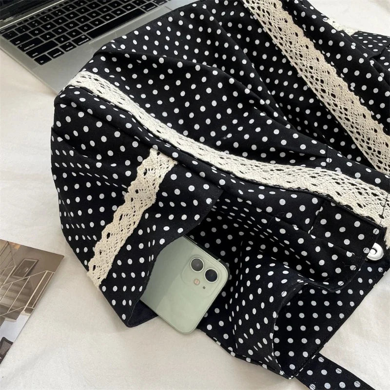 Sweet Lace Shoulder Bag Korean Style Canvas Tote With Polka Dot Pattern Large Capacity And Multi Pocket-Sweet Lace Shoulder Bag Korean Style Canvas Tote With Polka Dot Pattern Large Capacity And Multi Pocket
